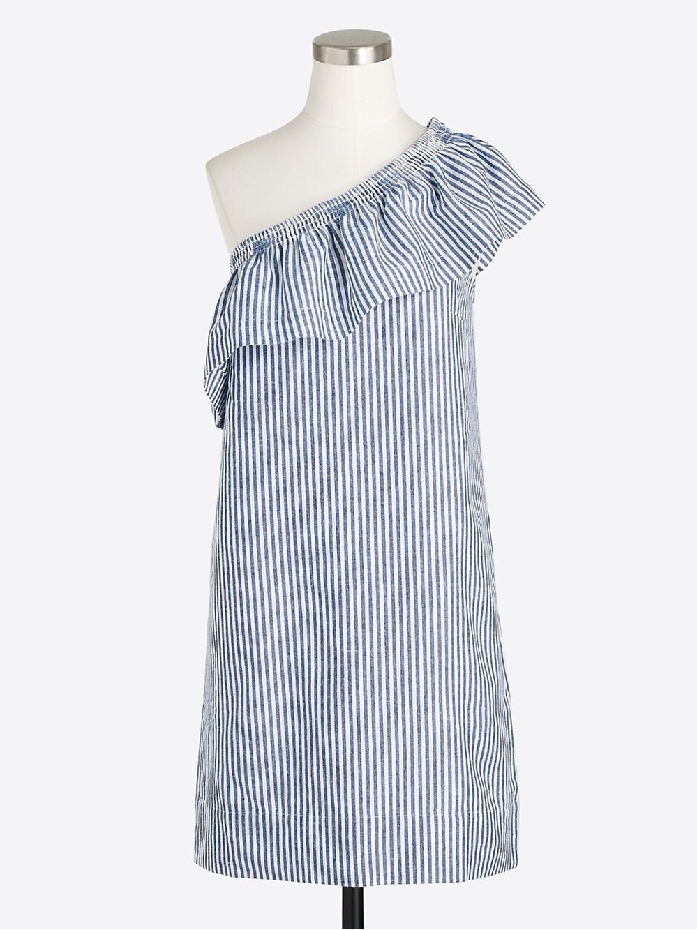 J. Crew Factory Blue and White Striped One-Shoulder Ruffle Dress
